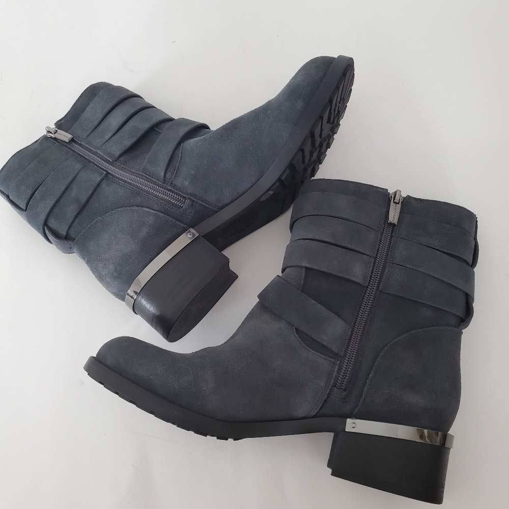 VINCE CAMUTO 7.5 WEBEY Dk Gray Suede Moto Boots Silver Buckle Strap Grunge Goth - Picture 2 of 16